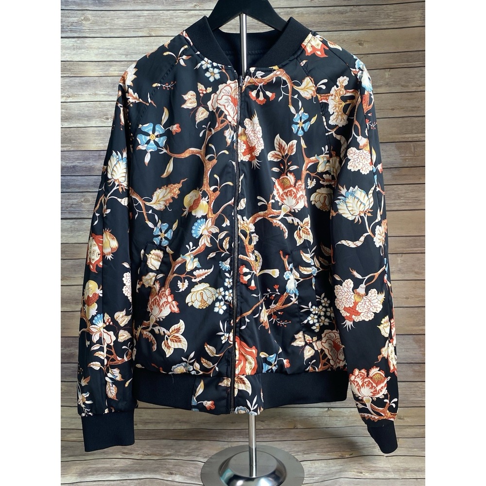 H&M Black Floral Reversible Bomber Jacket Sz M Excellent Condition